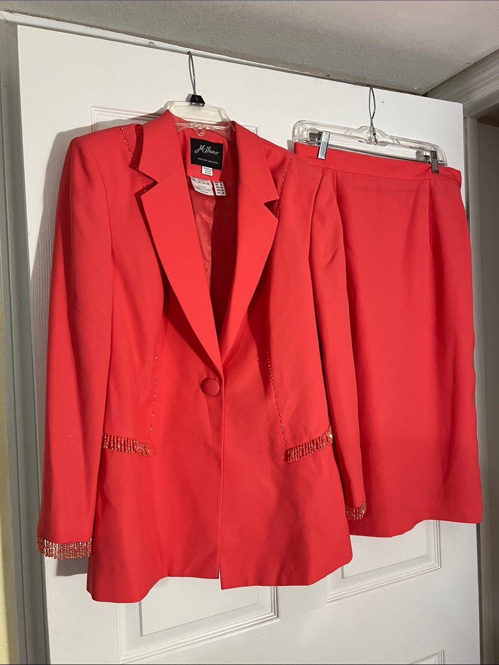 Milano Coral Women's Skirt Suit with Beaded Trim